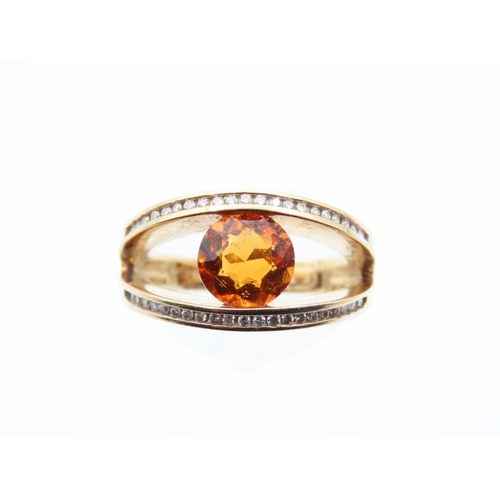 1108 - Cognac Citrine Centre Stone Ring Diamond Decorated Band 9 Carat Yellow Gold Ring Size O