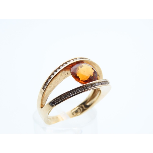 1108 - Cognac Citrine Centre Stone Ring Diamond Decorated Band 9 Carat Yellow Gold Ring Size O