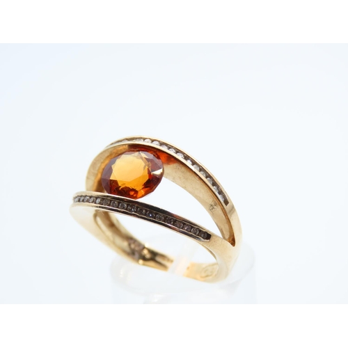 1108 - Cognac Citrine Centre Stone Ring Diamond Decorated Band 9 Carat Yellow Gold Ring Size O