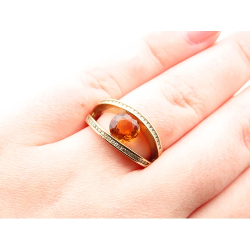 1108 - Cognac Citrine Centre Stone Ring Diamond Decorated Band 9 Carat Yellow Gold Ring Size O