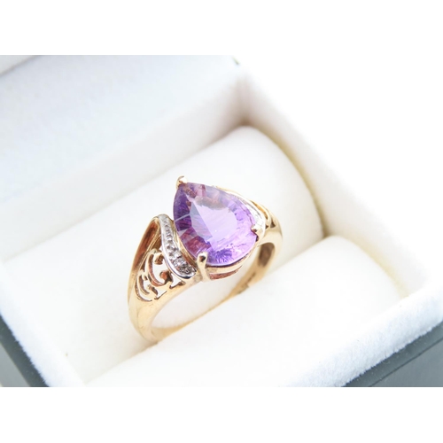 1109 - Amethyst and Diamond Centre Stone Ring Pear Cut Mounted on 9 Carat Yellow Gold Band Size N and a Hal... 