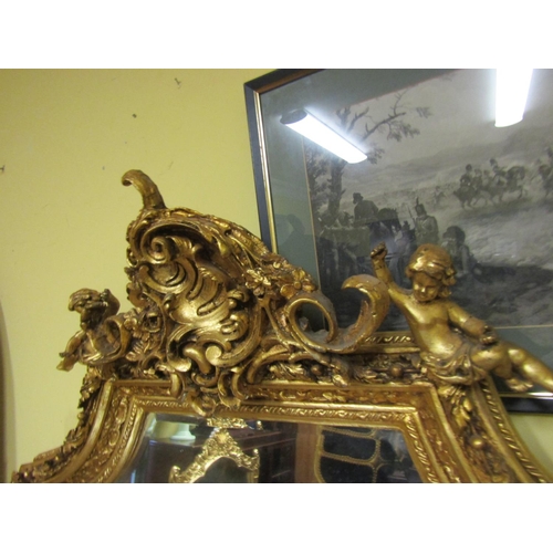 111 - Gilded Wall Mirror or Overmantle Upper Cherub and Cartouche Decoration Approximately 6ft 2 Inches Hi... 