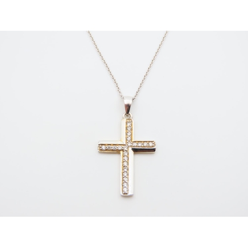 1112 - 14 Carat White Gold Gemset Crucifix Pendant 3cm High Set on 14 Carat White Gold Chain 44cm Long