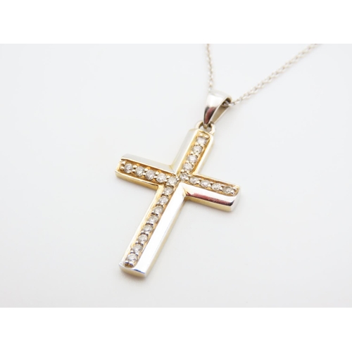 1112 - 14 Carat White Gold Gemset Crucifix Pendant 3cm High Set on 14 Carat White Gold Chain 44cm Long