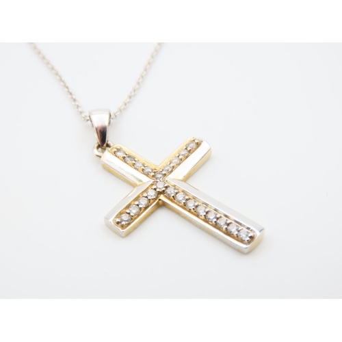 1112 - 14 Carat White Gold Gemset Crucifix Pendant 3cm High Set on 14 Carat White Gold Chain 44cm Long