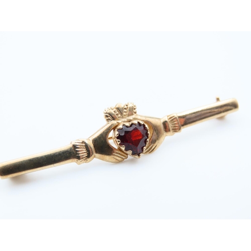 1115 - Garnet Set 9 Carat Yellow Gold Brooch Claddagh Motif 5cm Wide