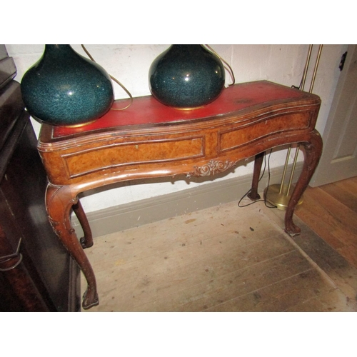 112 - Antique Walnut Serpentine Front Console Table Burgundy Insert Leather Top above Shaped Supports Appr... 