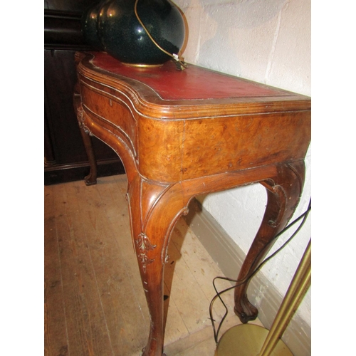 112 - Antique Walnut Serpentine Front Console Table Burgundy Insert Leather Top above Shaped Supports Appr... 