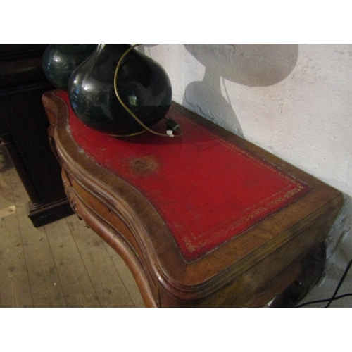 112 - Antique Walnut Serpentine Front Console Table Burgundy Insert Leather Top above Shaped Supports Appr... 