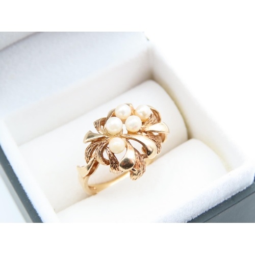 1121 - Pearl Set 9 Carat Yellow Gold Ladies Ring Size M and a Half Attractively Detailed