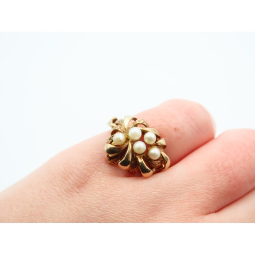 1121 - Pearl Set 9 Carat Yellow Gold Ladies Ring Size M and a Half Attractively Detailed