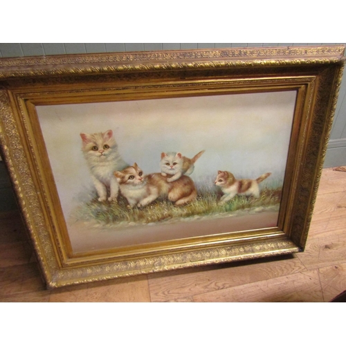 113 - Large Gilt Framed Painting of Kittens with Mother Oil on Canvas 3ft Wide x 2ft High Approximately