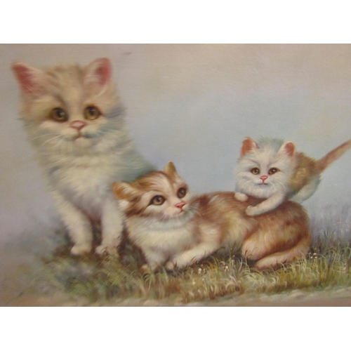 113 - Large Gilt Framed Painting of Kittens with Mother Oil on Canvas 3ft Wide x 2ft High Approximately