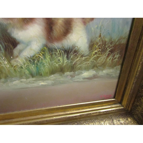 113 - Large Gilt Framed Painting of Kittens with Mother Oil on Canvas 3ft Wide x 2ft High Approximately