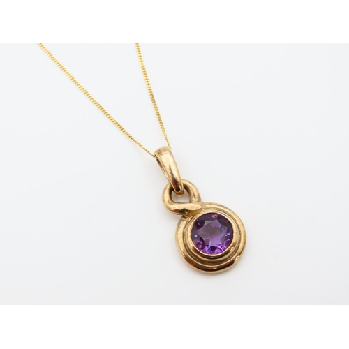 1136 - Amethyst 9 Carat Yellow Gold Pendant Mounted on 9 Carat Yellow Gold Chain 44cm Long Pendant 2cm Diam... 