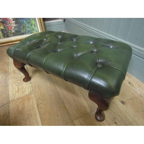 114 - Green Leather Deep Button Upholstered Foot Stool Mahogany Queen Ann Supports Approximately 2ft Wide