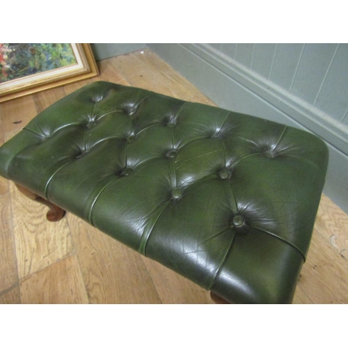 114 - Green Leather Deep Button Upholstered Foot Stool Mahogany Queen Ann Supports Approximately 2ft Wide