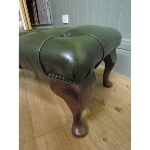 114 - Green Leather Deep Button Upholstered Foot Stool Mahogany Queen Ann Supports Approximately 2ft Wide