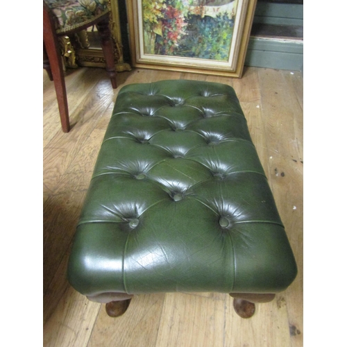 114 - Green Leather Deep Button Upholstered Foot Stool Mahogany Queen Ann Supports Approximately 2ft Wide