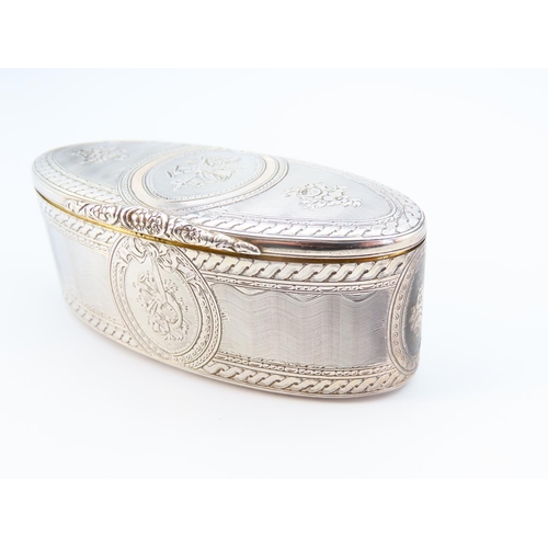 1173 - Silver Oval Form Ring or Desk Box Incised Decoration Throughout Hinged Cover 9cm Wide x 4cm Deep Att... 