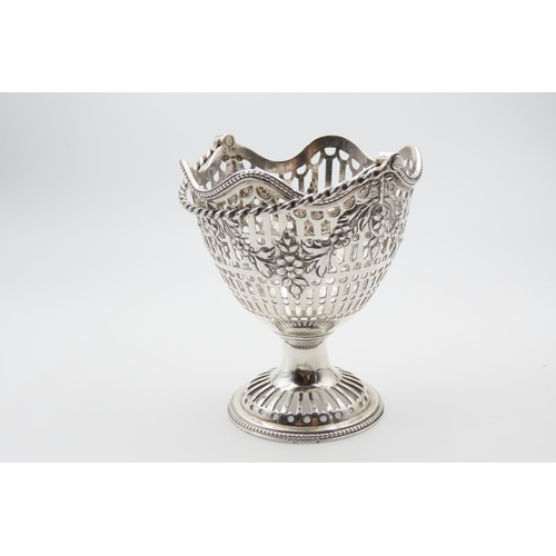 1189 - Silver Bon Bon Basket Swing Carry Handle Pedestal Form Open Filigree  Decoration Basket 10cm High