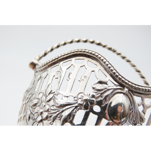 1189 - Silver Bon Bon Basket Swing Carry Handle Pedestal Form Open Filigree  Decoration Basket 10cm High