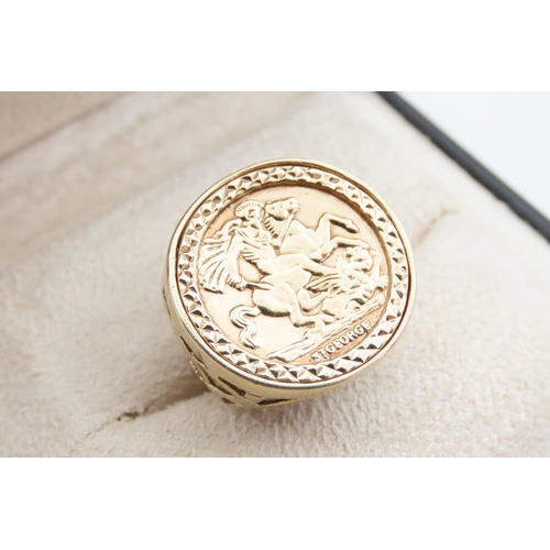 1203 - 9 Carat Yellow Gold Coin Motif Panel Inset Ring Size J and a Half