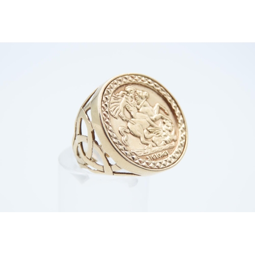 1203 - 9 Carat Yellow Gold Coin Motif Panel Inset Ring Size J and a Half