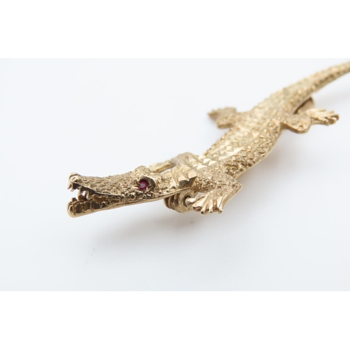 1208 - 9 Carat Yellow Gold Crocodile Motif Ruby Inset Brooch 6cm Wide