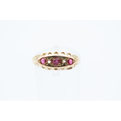 1226 - 18 Carat Yellow Gold Ruby Three Stone Ring Size L and a Half