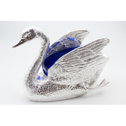 1234 - Silver Plated Swan Motif Table Centre Piece with Original Blue Bristol Glass Liner 20cm Wide x 15cm ... 