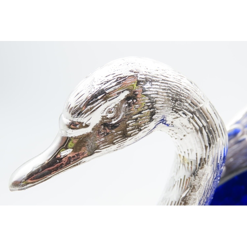 1234 - Silver Plated Swan Motif Table Centre Piece with Original Blue Bristol Glass Liner 20cm Wide x 15cm ... 