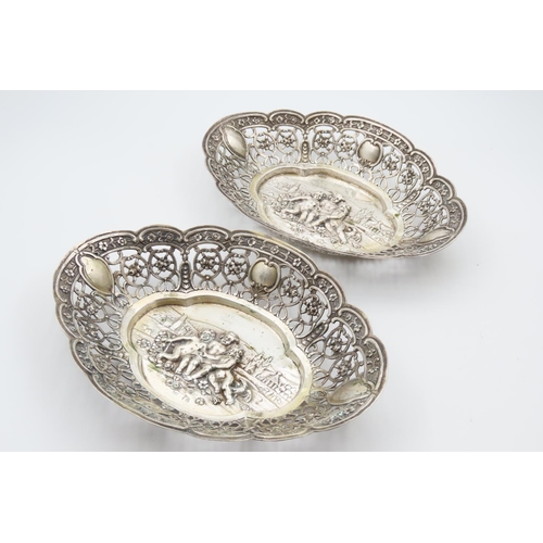 1235 - Pair of Silver Fruit or Bon Bon Dishes Cherub Motif Decoration to Centre Each 18cm Wide x 14cm Deep