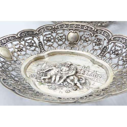 1235 - Pair of Silver Fruit or Bon Bon Dishes Cherub Motif Decoration to Centre Each 18cm Wide x 14cm Deep