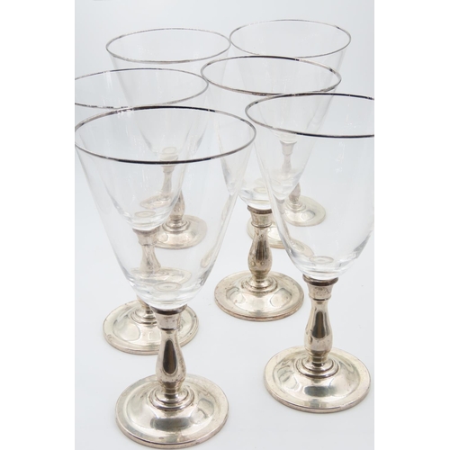 1236 - Set of Six Silver Mounted Wine Goblets Turned Pedestal Form Each 18cm High