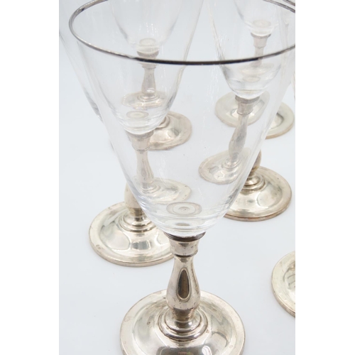 1236 - Set of Six Silver Mounted Wine Goblets Turned Pedestal Form Each 18cm High