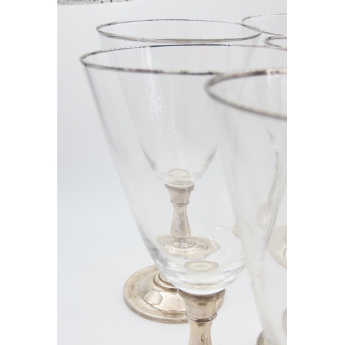 1236 - Set of Six Silver Mounted Wine Goblets Turned Pedestal Form Each 18cm High