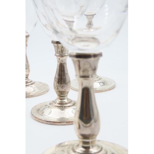 1236 - Set of Six Silver Mounted Wine Goblets Turned Pedestal Form Each 18cm High