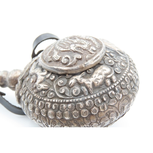 1238 - Unusual Tibetan Silver Flask with Original Stopper Mythical Beast Motif Decoration 7cm Diameter Appr... 