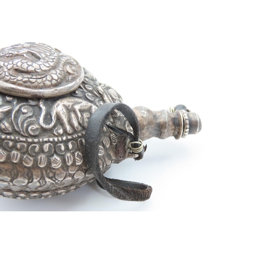 1238 - Unusual Tibetan Silver Flask with Original Stopper Mythical Beast Motif Decoration 7cm Diameter Appr... 