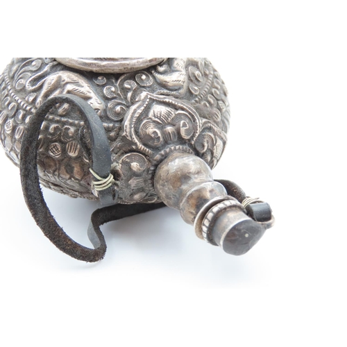 1238 - Unusual Tibetan Silver Flask with Original Stopper Mythical Beast Motif Decoration 7cm Diameter Appr... 