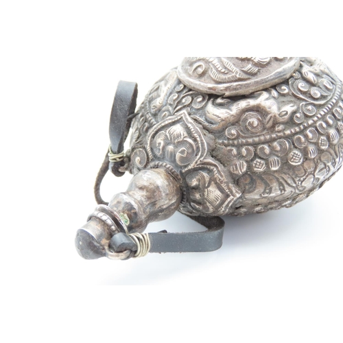 1238 - Unusual Tibetan Silver Flask with Original Stopper Mythical Beast Motif Decoration 7cm Diameter Appr... 