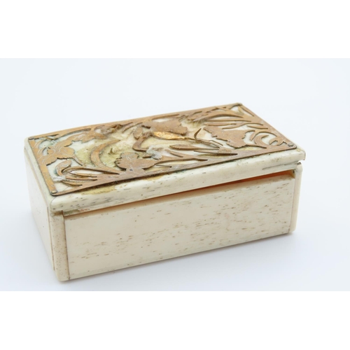 1241 - Unusual Carved Bone Table Box with Gold Fret Inset Top 8cm Wide x 4cm Deep