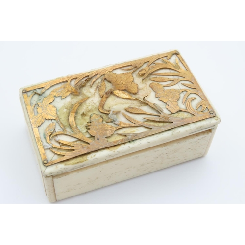 1241 - Unusual Carved Bone Table Box with Gold Fret Inset Top 8cm Wide x 4cm Deep