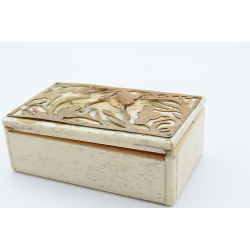 1241 - Unusual Carved Bone Table Box with Gold Fret Inset Top 8cm Wide x 4cm Deep