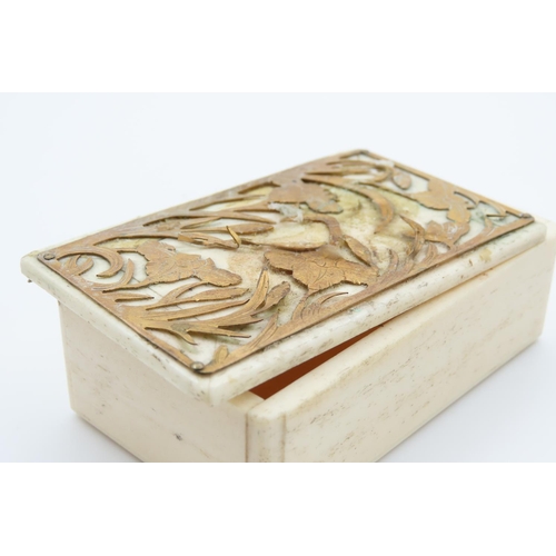 1241 - Unusual Carved Bone Table Box with Gold Fret Inset Top 8cm Wide x 4cm Deep