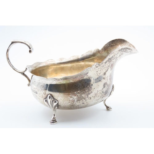 1243 - Silver Sauce Boat Flying Sea Scroll Handle Shaped Supports 13cm Wide x 8cm High