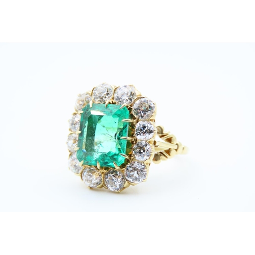 1251 - Impressive Edwardian Emerald Cut Colombian Emerald and Diamond Cluster Ring Circa. 1910-1920 Fine Cl... 