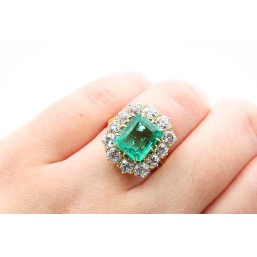 1251 - Impressive Edwardian Emerald Cut Colombian Emerald and Diamond Cluster Ring Circa. 1910-1920 Fine Cl... 