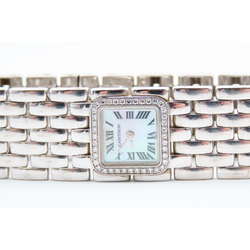 1252 - Cartier 18 Carat White Gold Ladies Watch Mother of Pearl Dial Roman Numeral Decorated Diamond Set Be... 